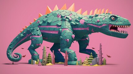Fototapeta premium A figurine of a terrifying giant dragon or dinosaur. A mythical creature made in mosaic style. Artistic composition. Illustration for cover, card, interior design, poster, brochure or presentation.