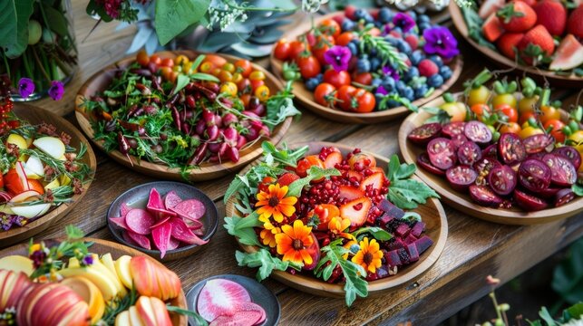 Plates filled with colorful locally sourced vegetables and fruits arranged beautifully on wooden serving boards.