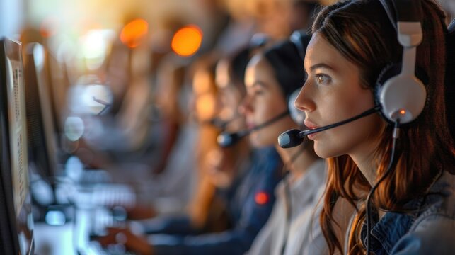 Customer service representative wearing a headset and looking at a computer screen while working in a call center. AIG535
