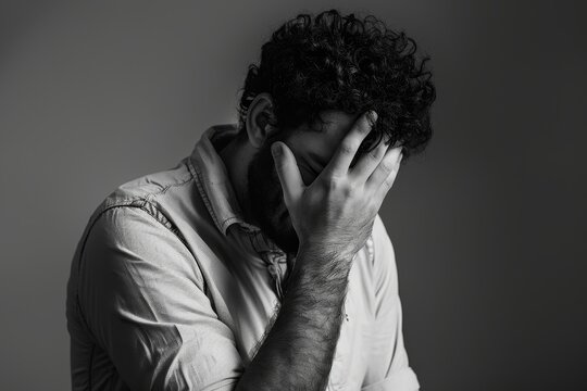 photo of a man wearing a button down shirt, frustrated, hand covering his forehead while looking down