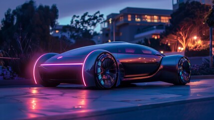 A futuristic sports car with glowing neon lights is parked in a city setting at night. The car has...