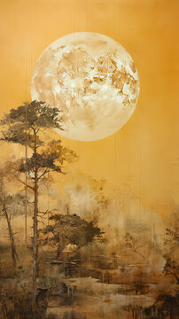Landscape painting with full moon and pine tree in the forest in Chinese style