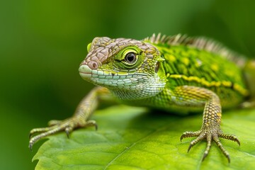 Naklejka premium a lizard, closeup, on a green leaf, nature photography