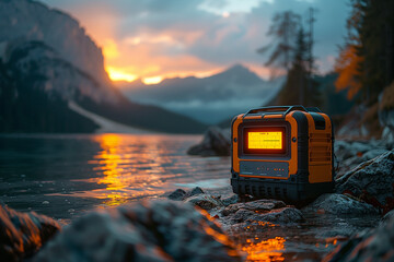 Hyper-realistic photo of an inverter and battery for camping