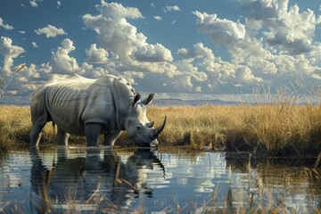 Fototapeta premium a rhino drinking water in an open field