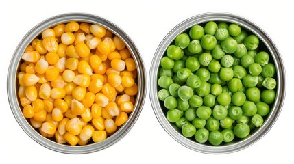 Green Peas And Sweet Corn in A Can Top View Isolated on A Transparent Background.