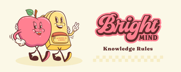 Groovy Back to School Retro Characters Banner. Cartoon Apple and Backpack. Vector Education Mascot Templates. Happy Vintage Cool Learning Personage Illustrations Isolated
