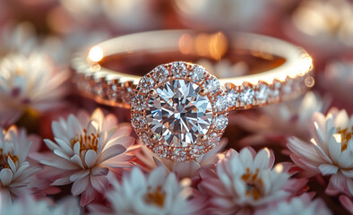 Fototapeta premium A gold and diamond ring is set in a bed of white flowers
