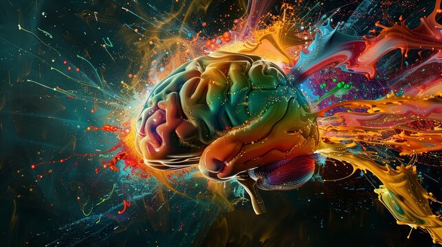 A striking visual of a brain with explosive fireworks of colors and designs
