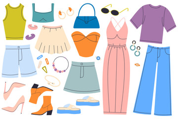 A large array of fashionable women's clothing. Vector illustration in flat cartoon style. Set of clothing icons. Skirts, pants, jewelry, bags, shoes. 