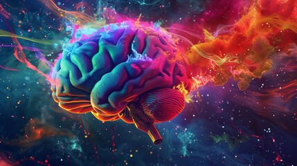 A striking visual of a brain with explosive fireworks of colors and designs