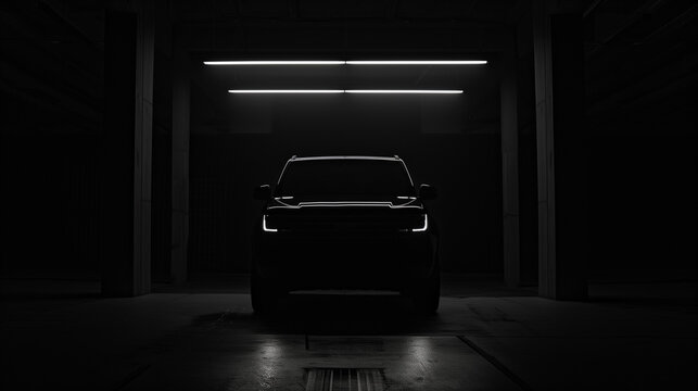 Dark SUV car in a pitch-black room with illuminated outlines