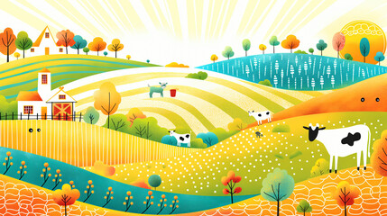 Obraz premium Colorful Idyllic Farm Landscape with Cows and Rolling Hills Illustration