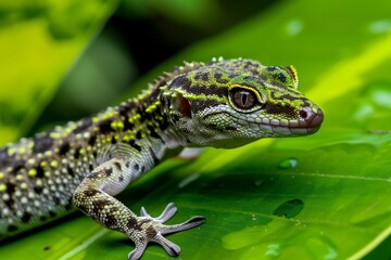 Fototapeta premium photo of a gecko, closeup, on a green leaf, zoomed in, nature photography