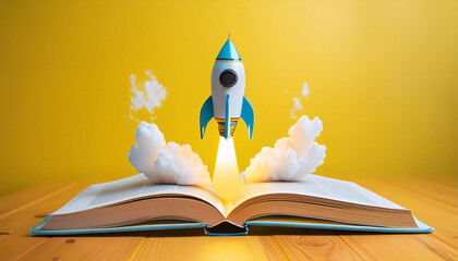 A blue toy rocket blasts off from a open book on a table. Generative AI.
