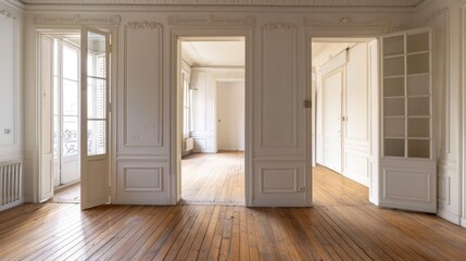 This image shows an empty room in a Parisian apartment. The room has white paneled walls, an ornate ceiling, and hardwood floors. 
