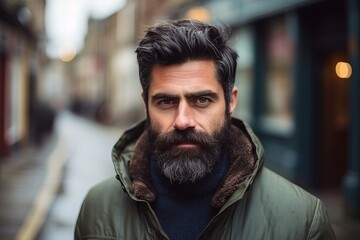 Obraz premium Portrait of a handsome man with beard and mustache in the city