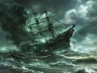Obraz premium Digital Painting of a Ghost Ship in a Stormy Sea