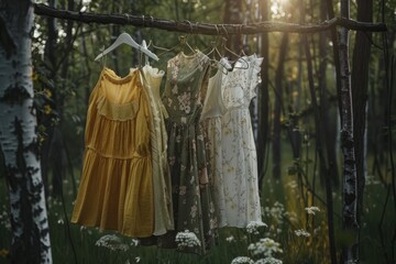 Organic clothes hanger with dresses in forest for sustainable fashion.