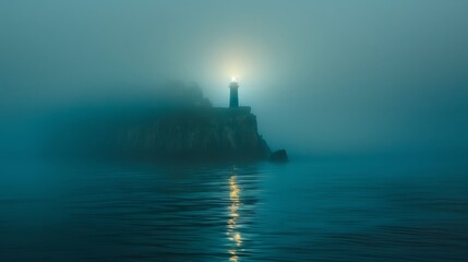 Fototapeta premium Lighthouse in foggy sea. A solitary lighthouse stands tall against a backdrop of swirling fog, its beam piercing the misty air.