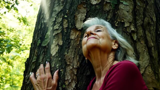 Smiling active senior woman hugging a tree trunk in the forest love and respect for nature earth day concept. Save the planet from deforestation environment concept 4k