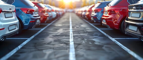 Cars in car parking lot with blurred background Row of cars parked in parking lot, car sales background concept 