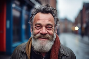 Naklejka premium Portrait of a senior man with grey beard and mustache in a city street.