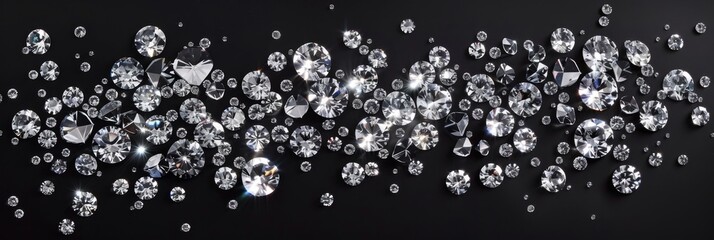Scattered round diamonds on a black background, meticulously arranged to capture their sparkling reflections and intricate details in high resolution.   