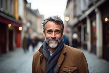 Obraz premium Handsome middle-aged man with grey hair and beard in the city