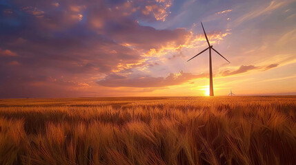 Obraz premium Wind turbine sunset field. A single wind turbine stands tall in a golden field at sunset, with dramatic clouds in the sky.