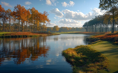 Fototapeta premium A serene lake with a golf course in the background. The water is calm and the trees surrounding the lake are in autumn colors