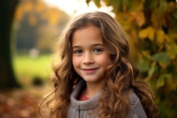 Portrait of a beautiful little girl with curly hair in autumn park