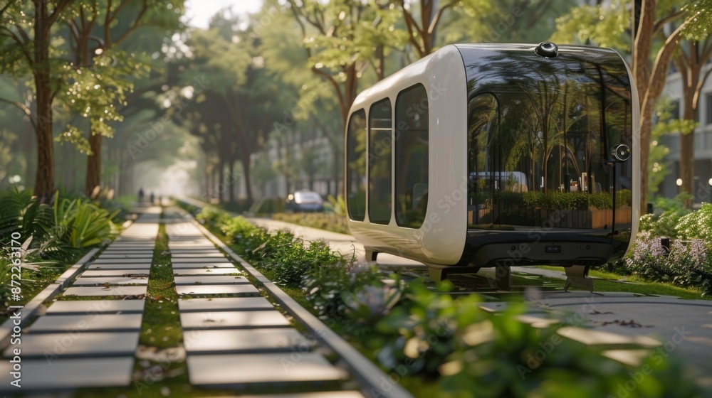 Poster An autonomous vehicle travels along a tree-lined path with a paved surface, showcasing a futuristic transportation system in a green environment.