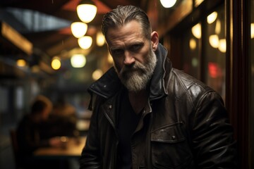 Obraz premium Portrait of a bearded man wearing a leather jacket in a cafe
