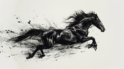 A swift horse, mid-gallop, is captured in dynamic black ink strokes against a white background