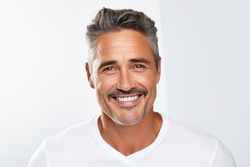 Portrait of handsome mature man in white t-shirt. Studio shot.