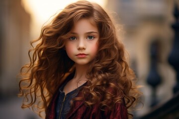 Fototapeta premium Portrait of a beautiful little girl with curly hair in the city