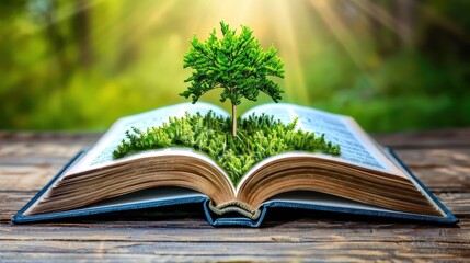 Open book with a small tree growing from its pages, symbolizing knowledge, growth, and education in a natural outdoor setting.