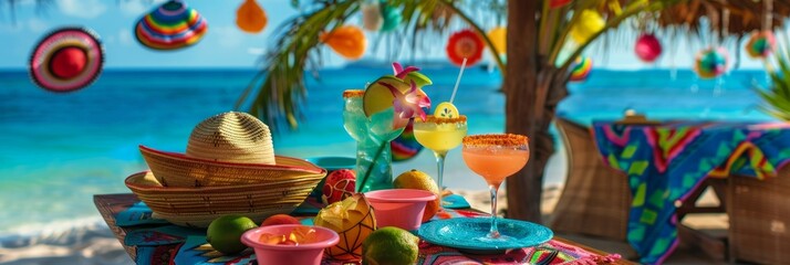 Festive Cinco de Mayo party exotic beach Table filled with Mexican decorations sombreros, maracas