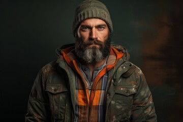 Handsome bearded man in a jacket and a hat on a dark background