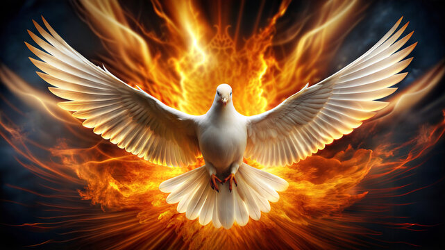 Holy Spirit dove flying with open wings in the middle of fire flames background illustration