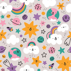 Cartoon space vector seamless pattern with cute stars, clouds and planets, bright background illustration for kids