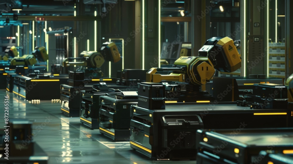 Leinwandbilder a futuristic factory assembly line with several robotic arms operating in a sterile and efficient en