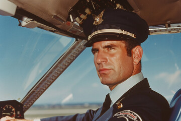 vintage color portrait photography of a plane pilot from the 1960s