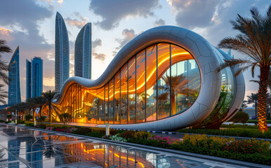 Obraz premium A large building with a curved glass facade and a large glass window