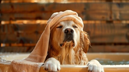 A Golden Retriever dog wearing a towel wrapped around its head, after taking a bath.