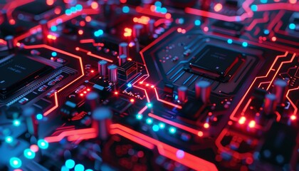 Obraz premium Neon Circuitry - Red and Blue LEDs on Motherboard
