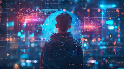 Person standing in front of a futuristic digital interface