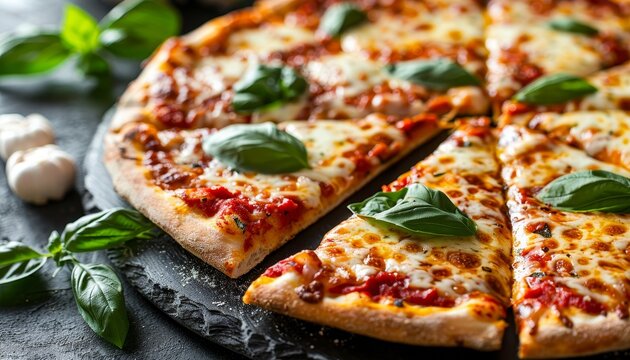 Tempting close up of pizza with gooey mozzarella, rich tomato sauce, and aromatic basil leaves