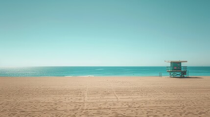 A vacant city beach, with empty lifeguard towers and undisturbed sand